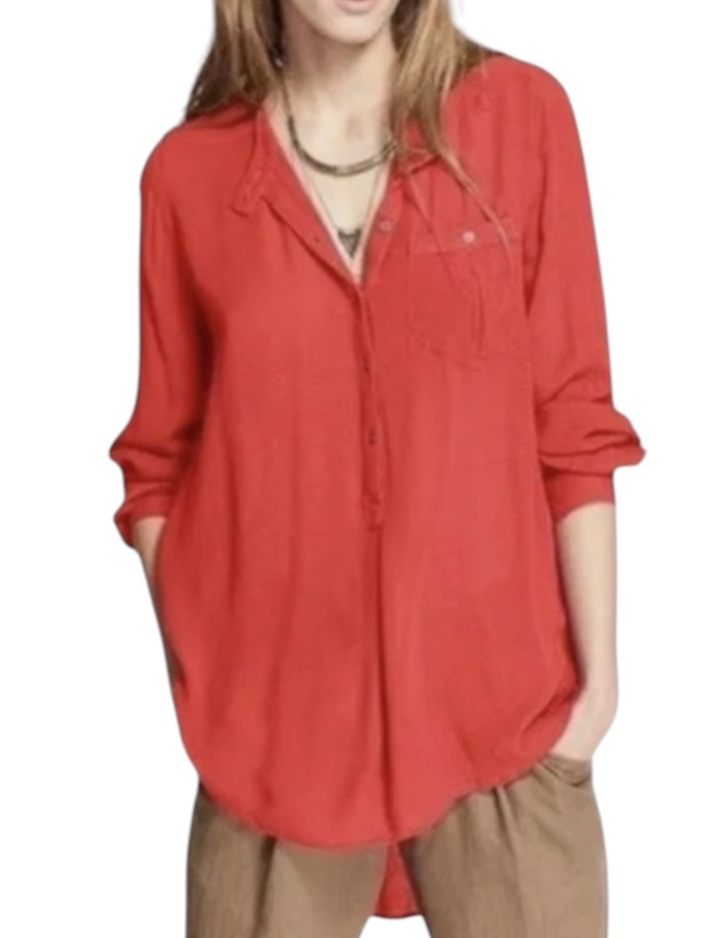 FREE PEOPLE Oversized Deep V Boyfriend L/S Button Up Top in Red Size XS